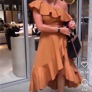 Gorgeous one shoulder dress! High low detail in Camel color size Small. New!